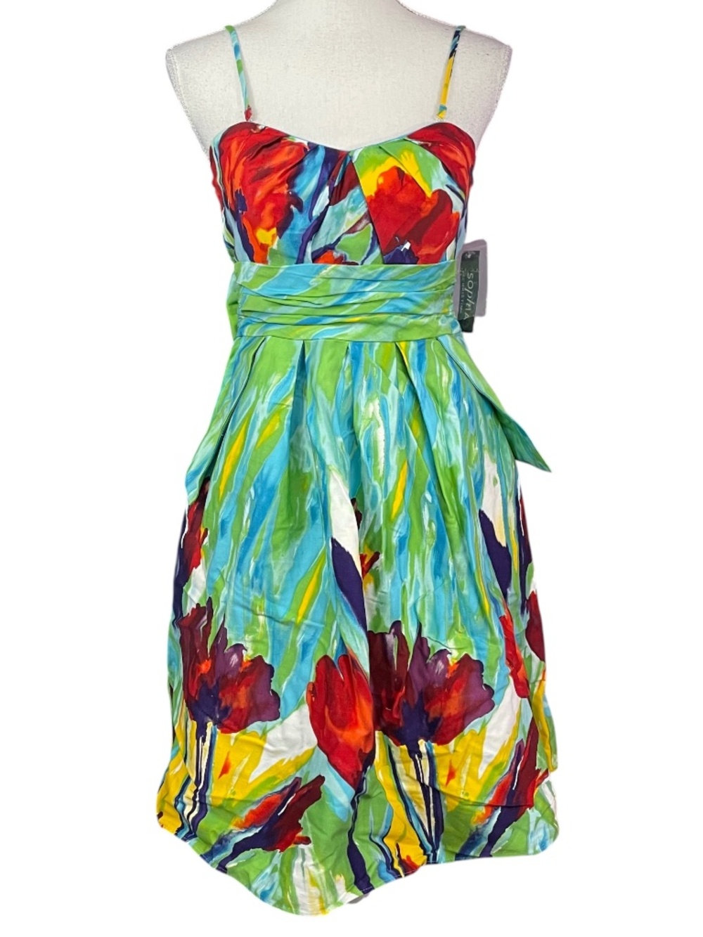 Painted Tulips Dress NEW 10 Sweetheart Rainbow Sleeveless A-Line Y2K Spaghetti